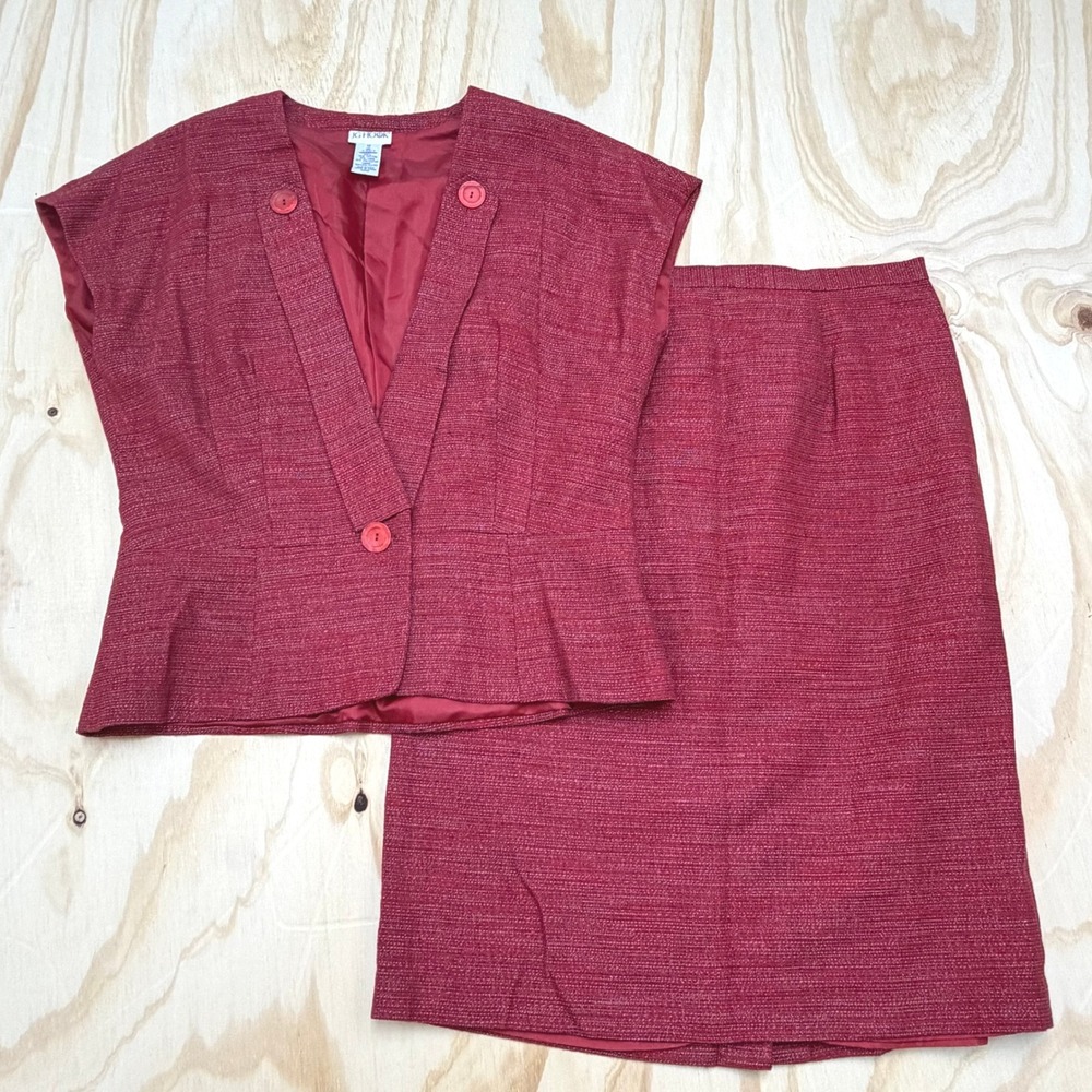 JG Hook Red Textured Cotton Linen Skirt Suit Set Sleeveless Blazer Size 12 Y2K